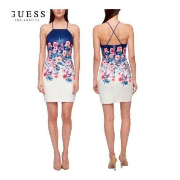 GUESS Floral-Print Open-Back Sheath Dress White Blue Size 14 - Picture 1 of 11